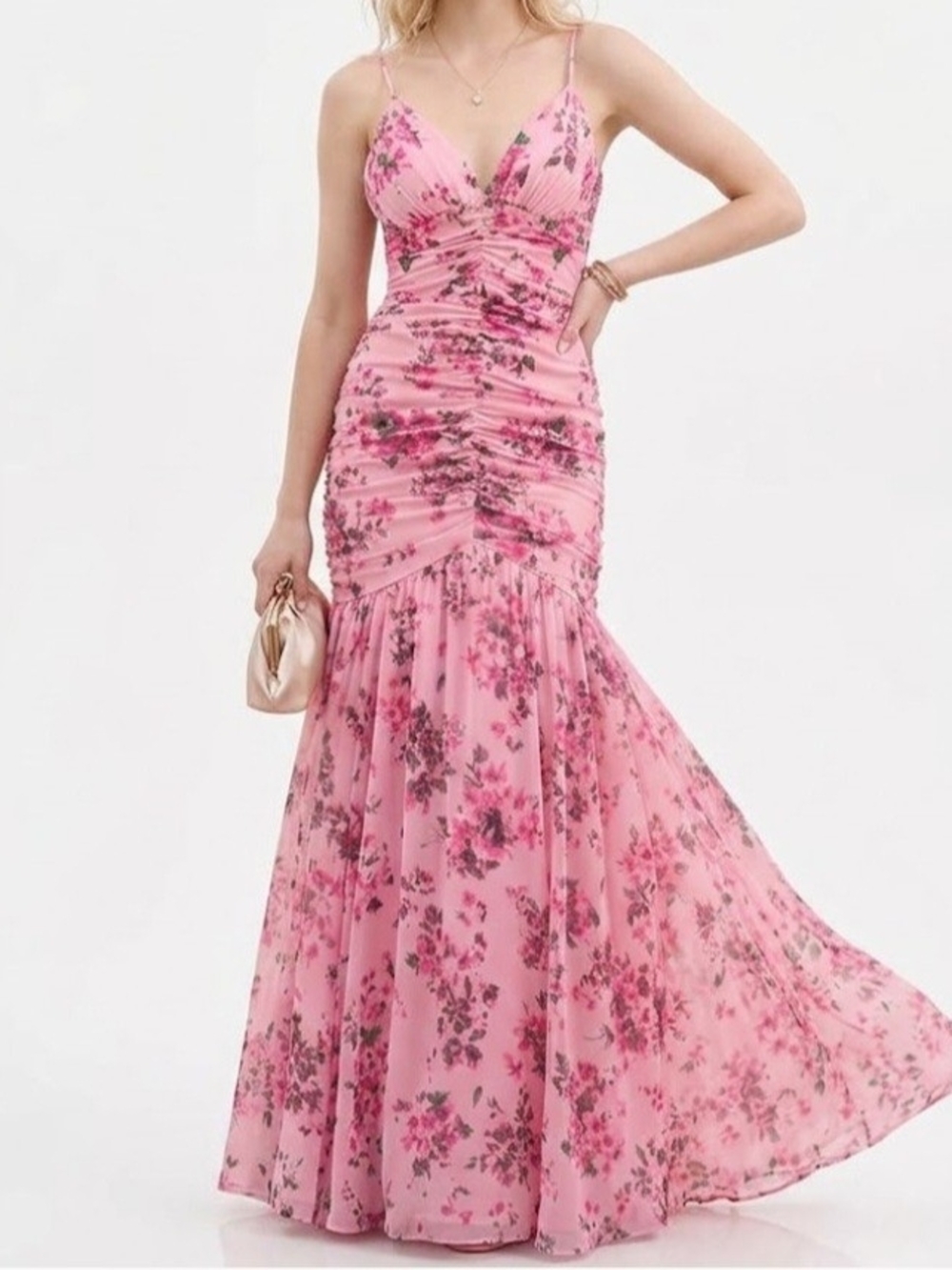 Emerald Sundae Pink Floral Ruched Mermaid Gown